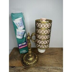 Vintage Gold Tone Filigree MCM Countertop Dixie Bathroom Cup Dispenser With Cups